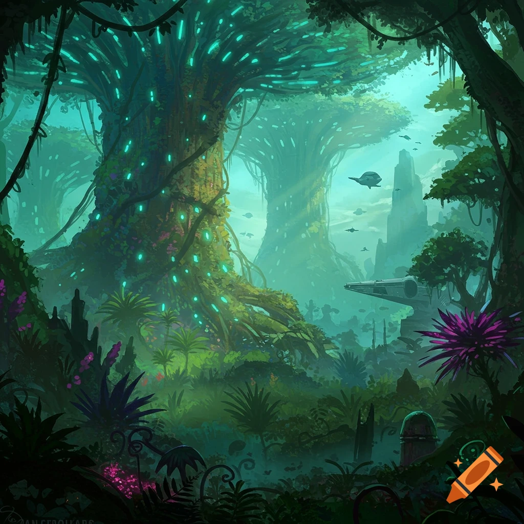 A lush alien jungle planet with glowing trees and spaceships flying.