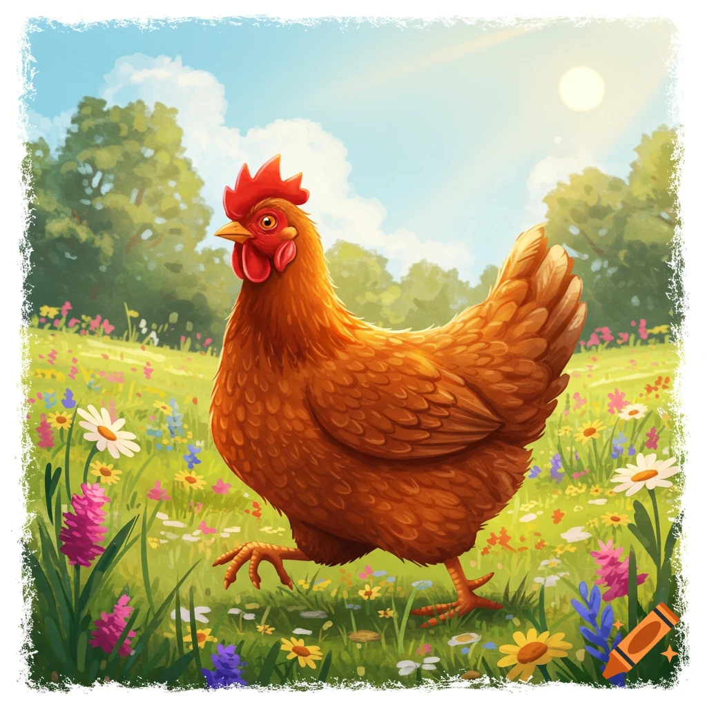 A brown chicken walks through a sunny field of wildflowers.