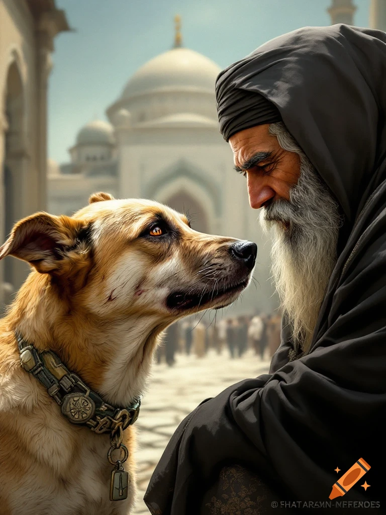 A man in a turban looks at a dog with a collar in front of a shrine.