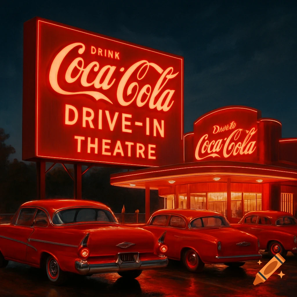 Vintage cars parked at a Coca-Cola drive-in theatre sign at night.