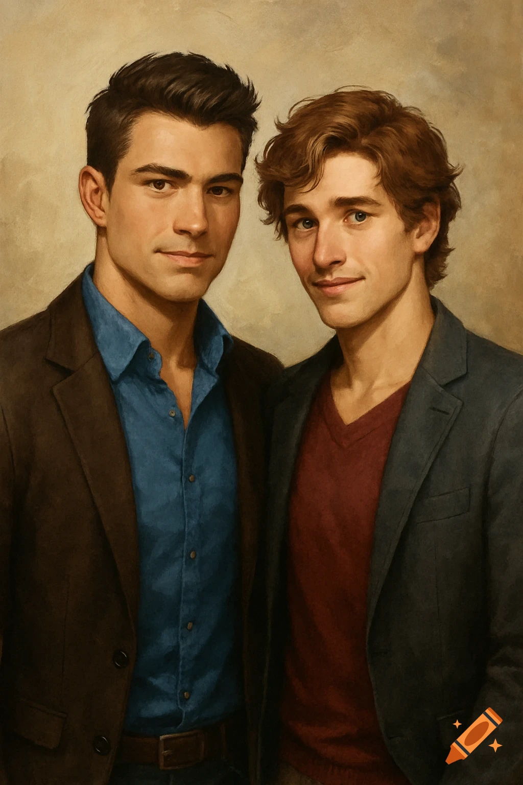 Oil painting portrait of two young men in jackets
