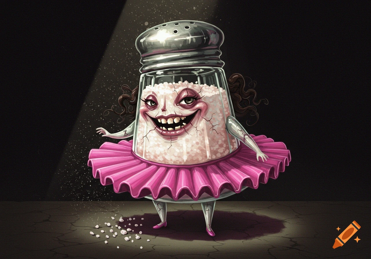A creepy salt shaker character wearing a pink tutu on a dark stage.