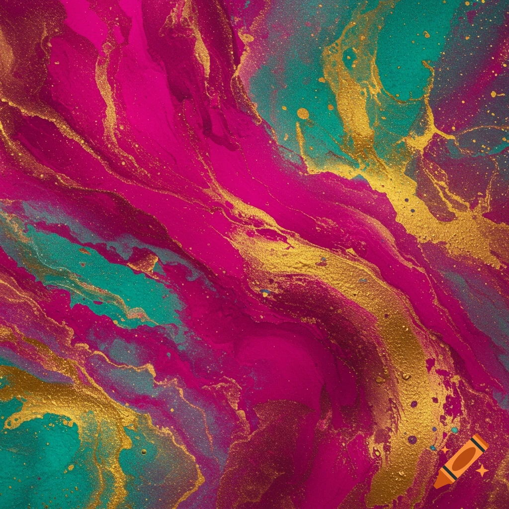 Abstract fluid art with swirling pink, teal, and gold colors