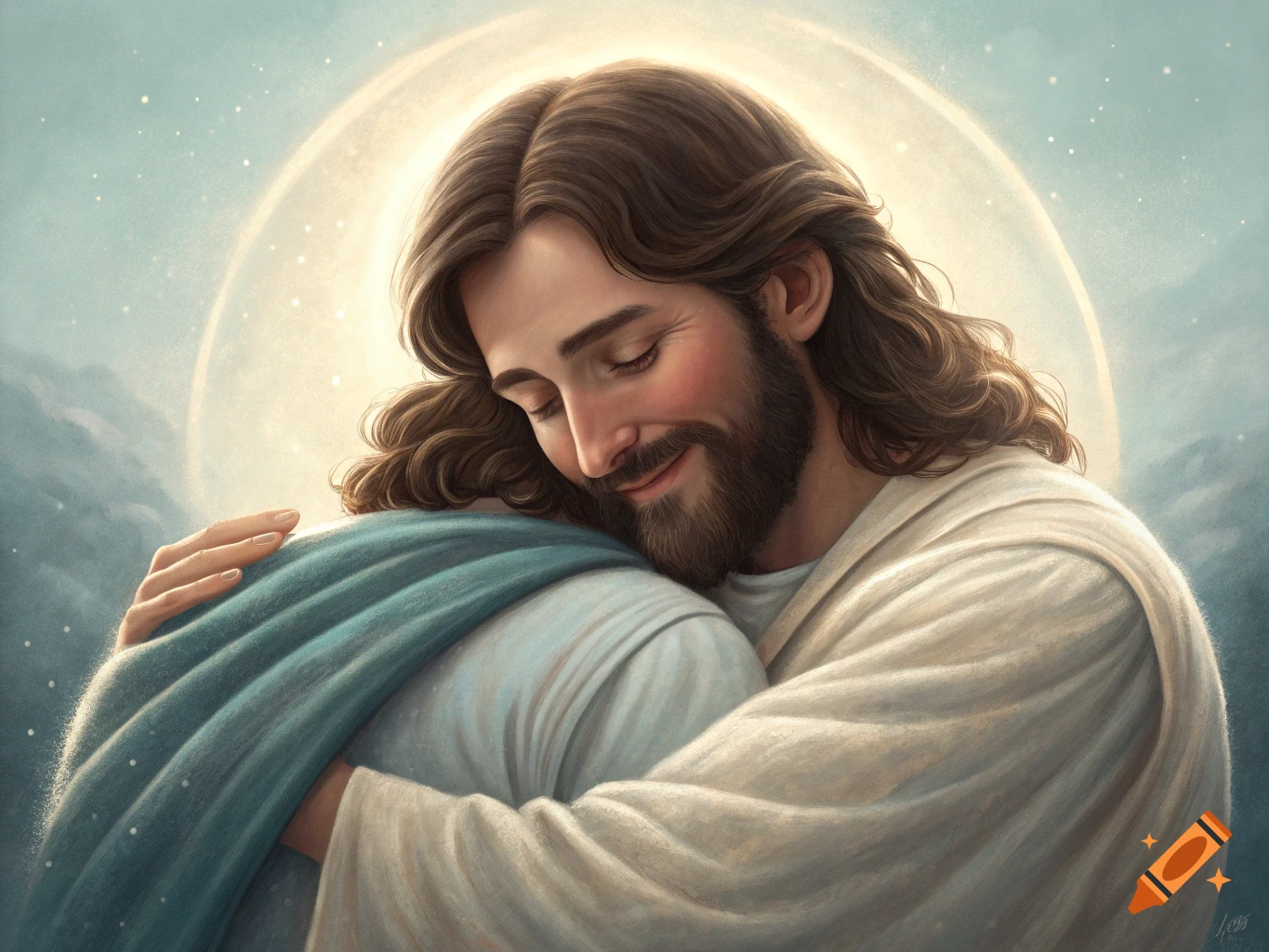 Illustration of Jesus embracing someone with a glowing halo