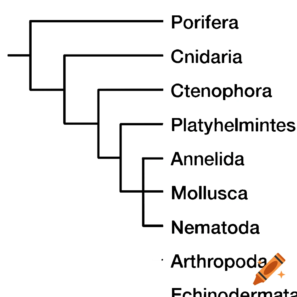A phylogenetic tree diagram showing evolutionary relationships between different animal phyla, with labels.