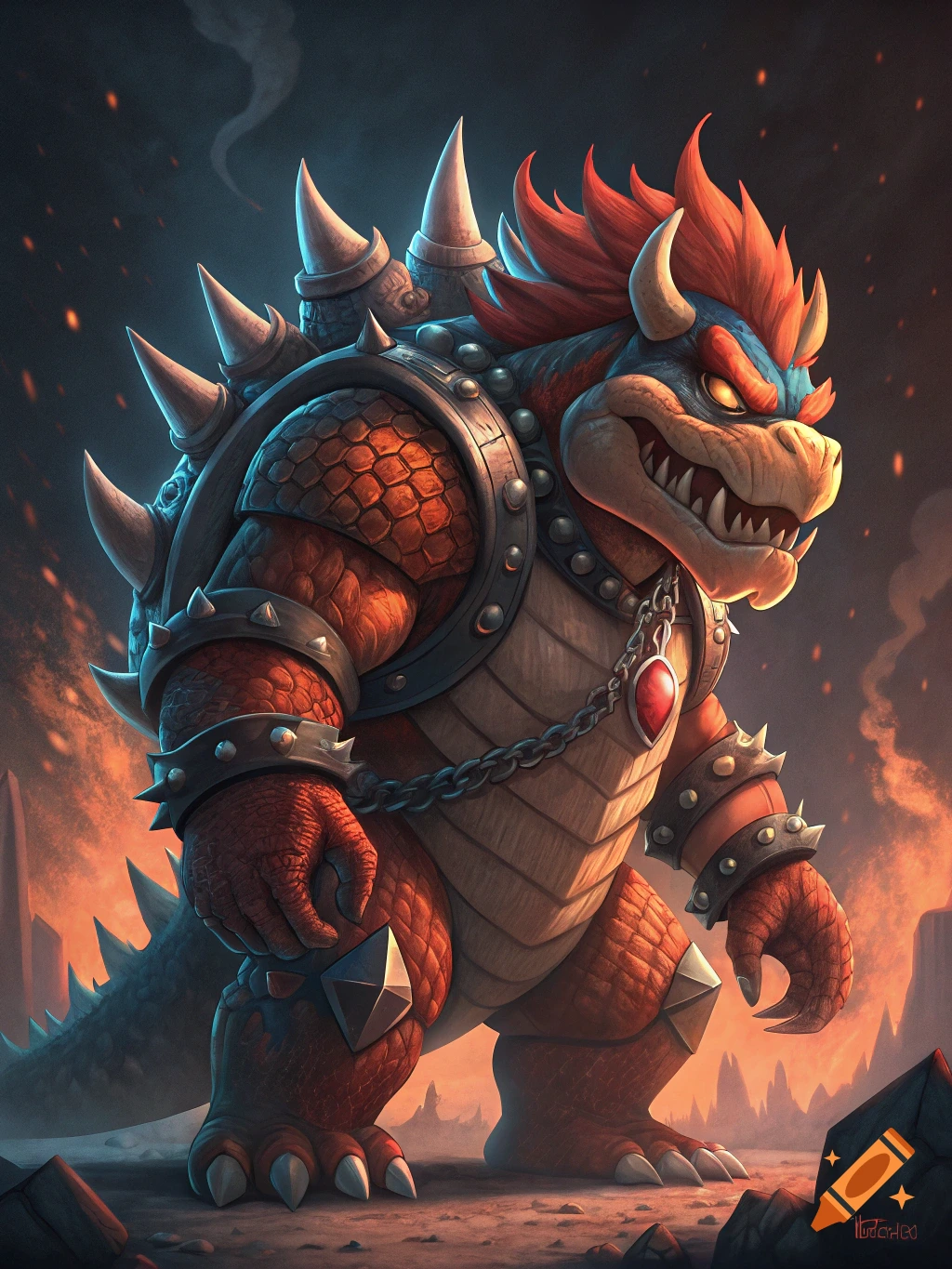 Bowser in spiky armor against a dark, fiery background.