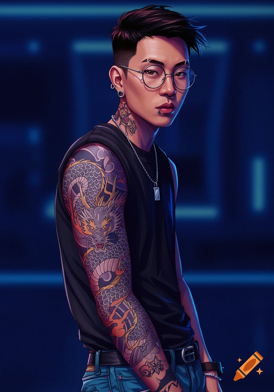 An Asian man with glasses, piercings, and a dragon tattoo on his arm.