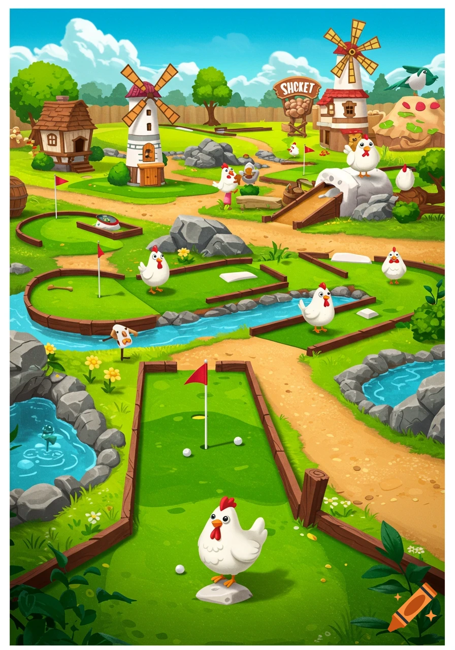 Cartoon chickens play mini-golf on a sunny course with windmills and water obstacles.
