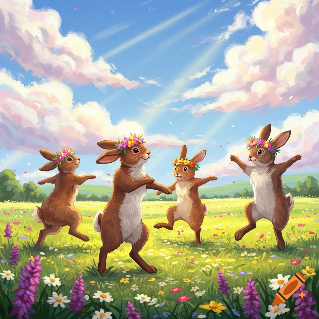 Four rabbits wearing flower crowns dance in a field of wildflowers under a sunny sky.