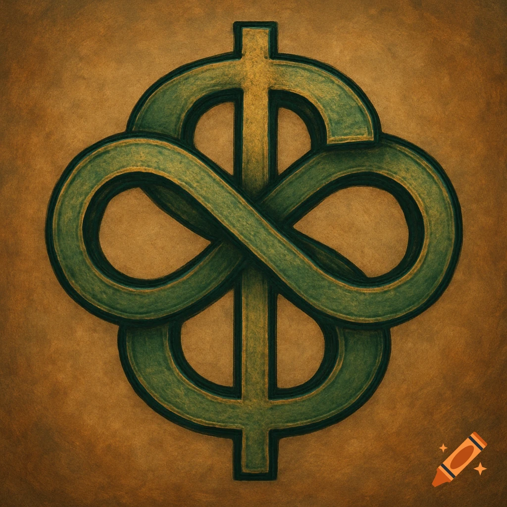 A green dollar sign interwoven with an infinity symbol.