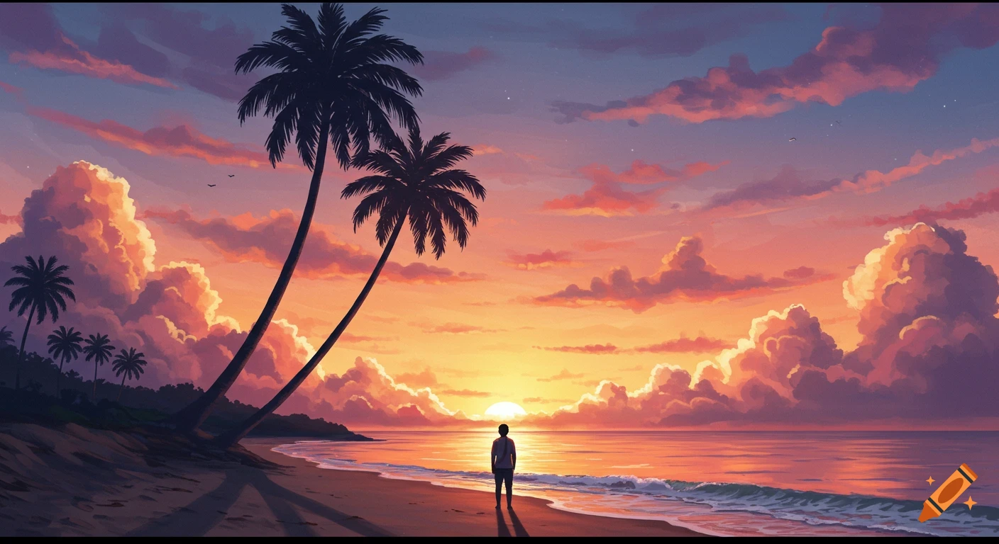 A person stands on a beach watching a sunset with palm trees.