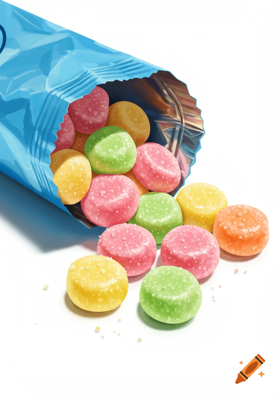Colorful pink, green, yellow, and orange candies spilling from a blue bag