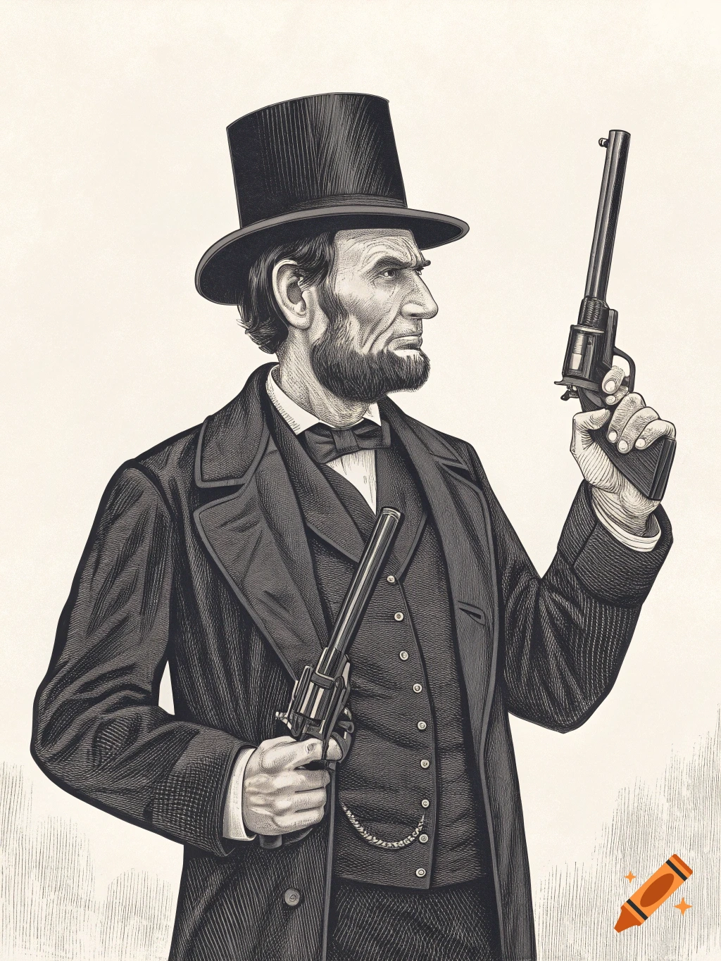 Illustration of Abraham Lincoln in a top hat and coat, holding two revolvers, done in an etching style.