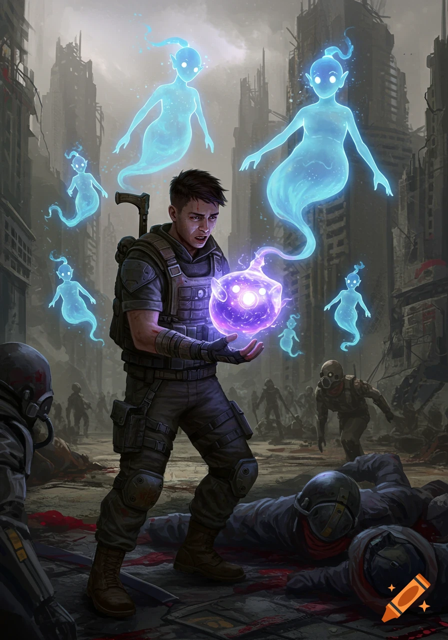 Survivor holds glowing orb, surrounded by floating blue ghosts in a ruined city with bodies on the ground.