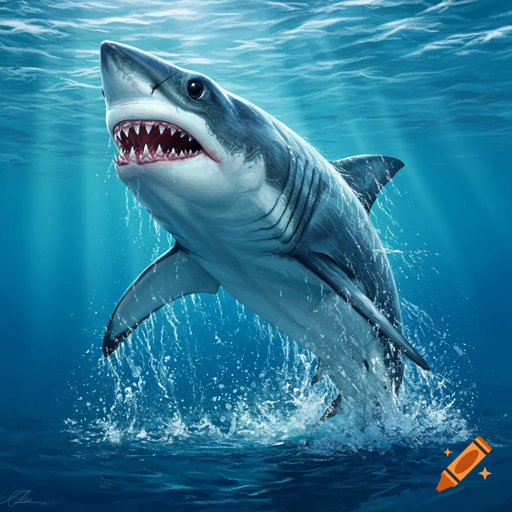 A great white shark is shown breaching the water's surface with its mouth open.