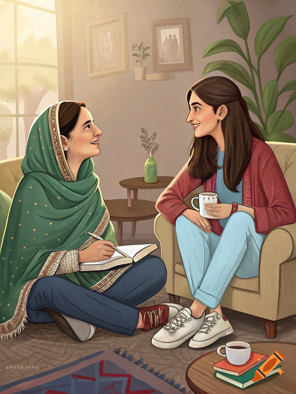 Illustration of two women talking in a cozy living room, one writing in a book, the other holding a coffee cup.