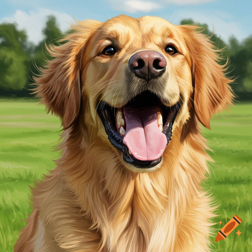 Close-up of a happy golden retriever dog with its mouth open in a field.