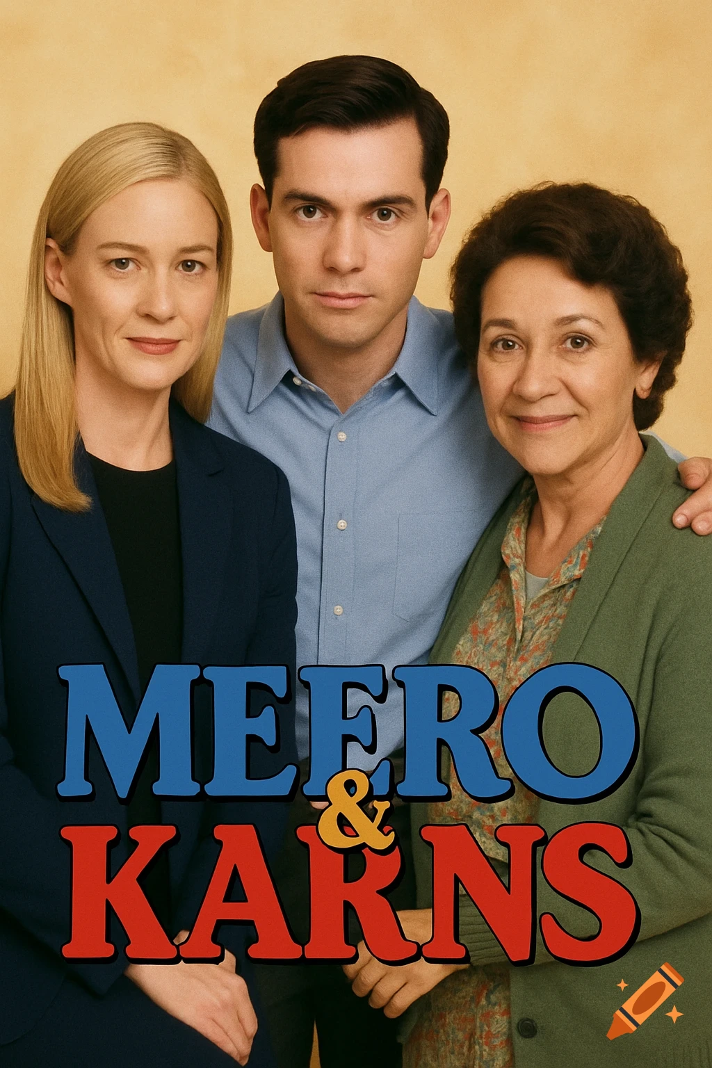 Three people pose for a 1990s sitcom style poster with text 'MEERO & KARNS'.