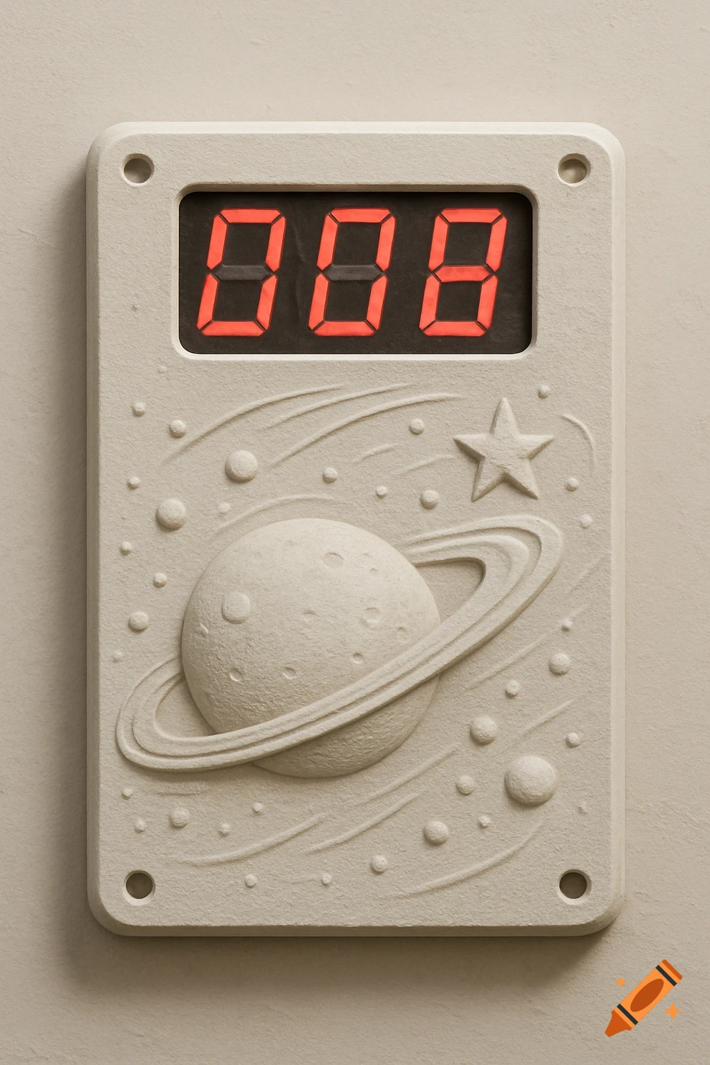 White digital device with red 008 display, embossed space design featuring a planet with rings, stars, and bubbles.