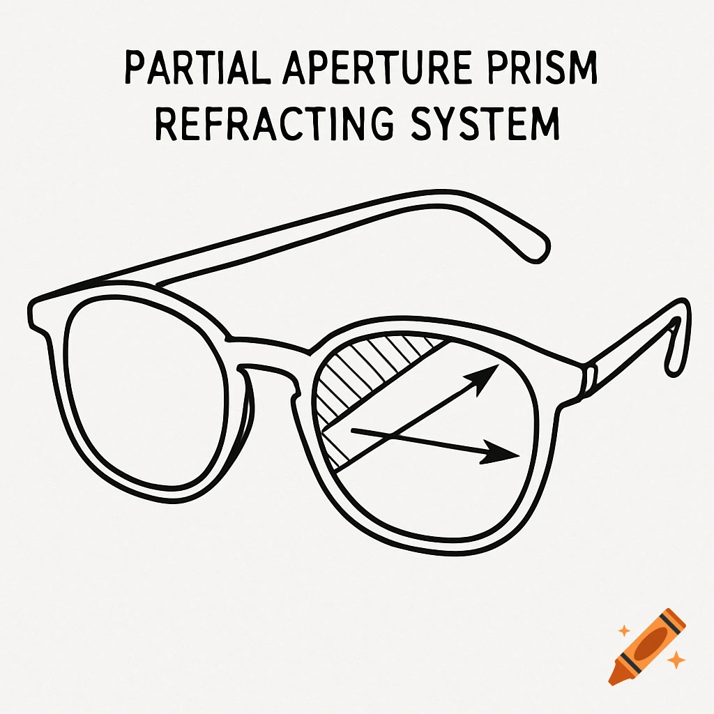 Line drawing of glasses with a diagram showing light refraction, labeled 'Partial Aperture Prism Refracting System'.