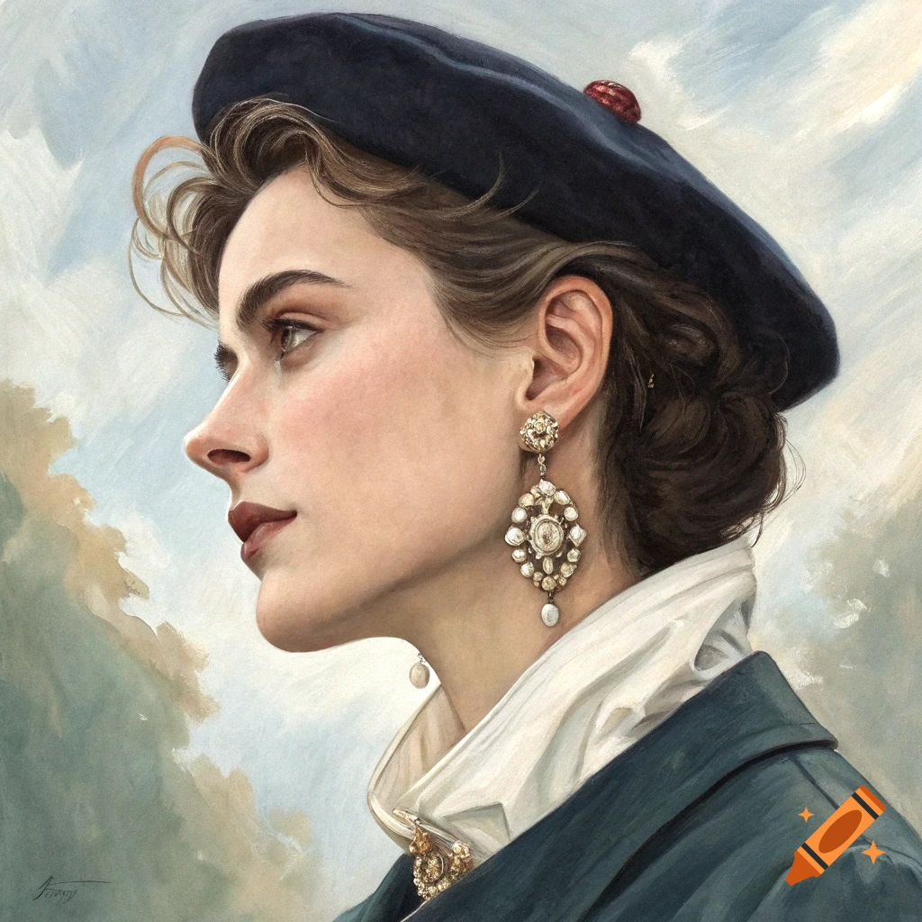 Profile portrait painting of a woman in a blue beret and large diamond earrings.