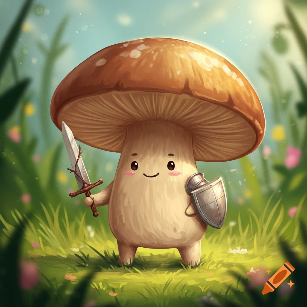 A cartoon mushroom warrior holding a sword and shield in a grassy forest setting.
