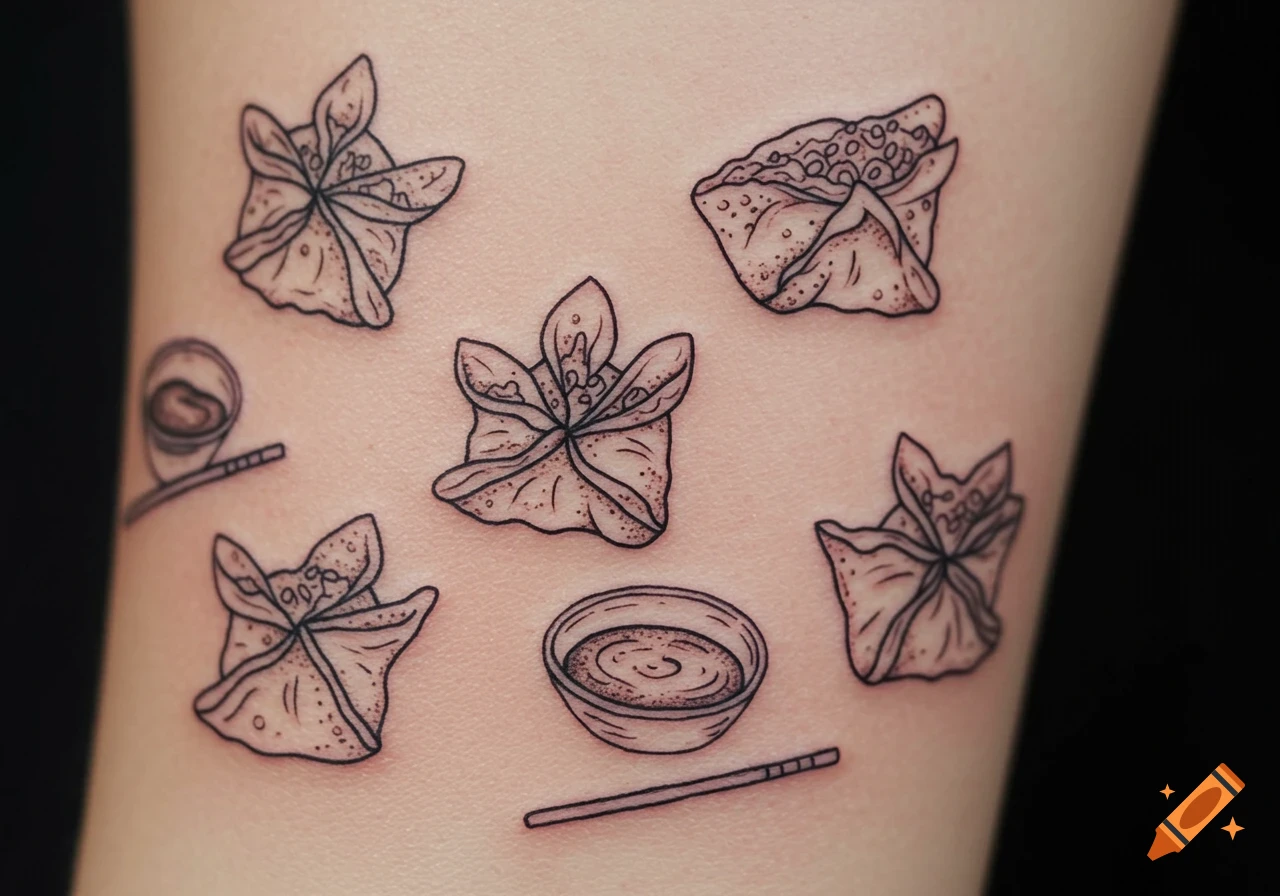Several black line art tattoos of crab rangoon and dipping sauce on skin.