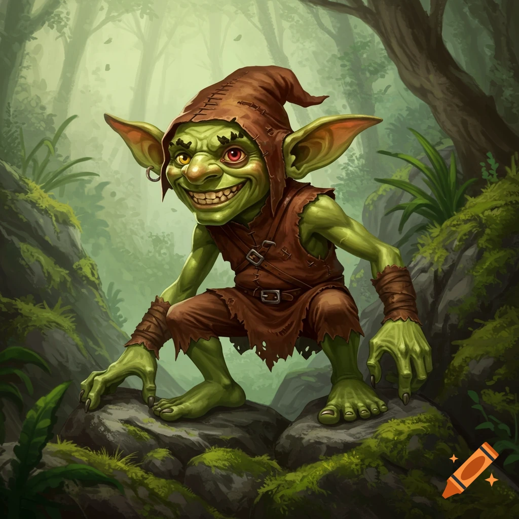 A green goblin in a brown hooded tunic crouches on rocks in a forest, grinning.