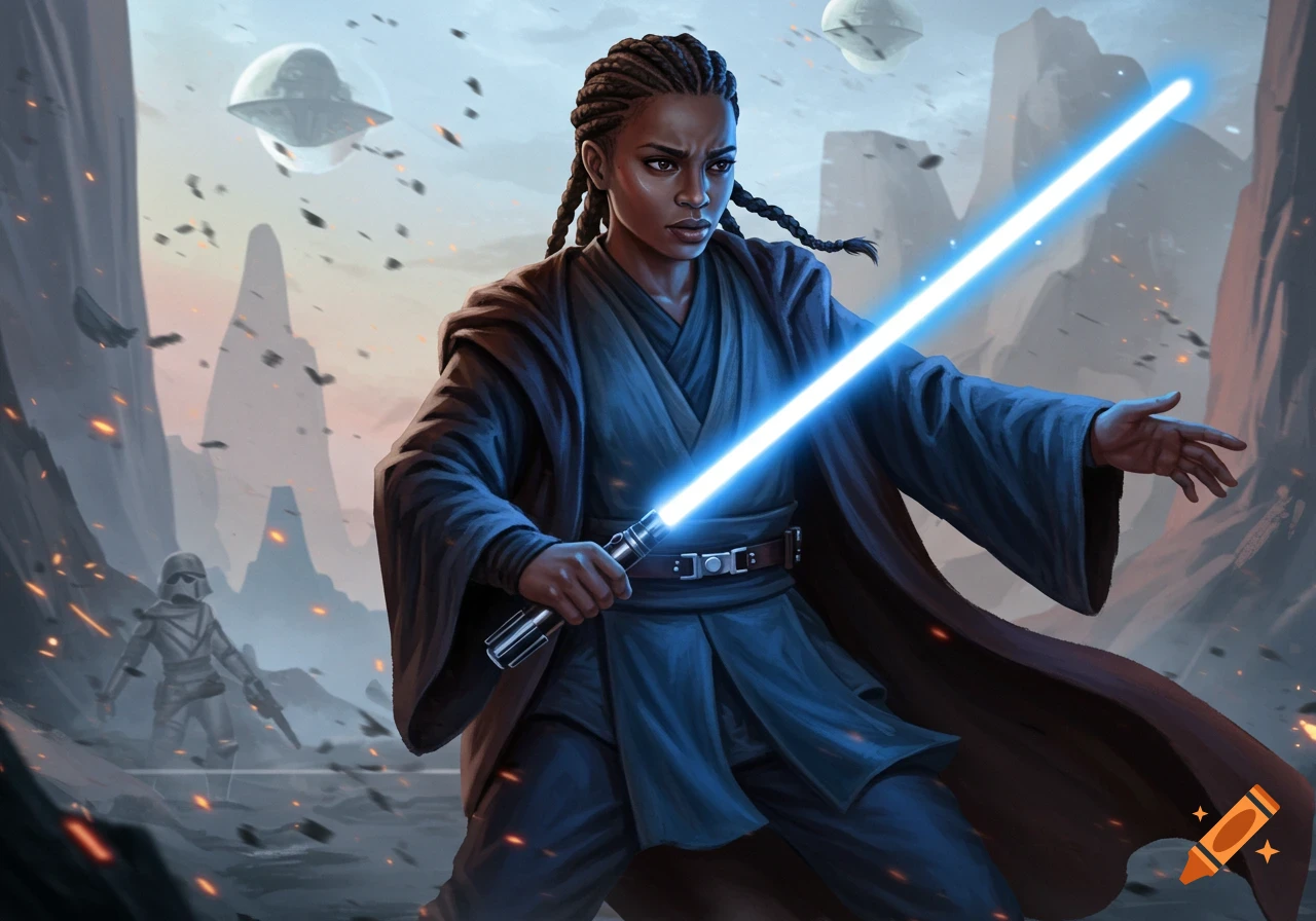 Woman Jedi knight battles with a blue lightsaber in a rocky landscape.