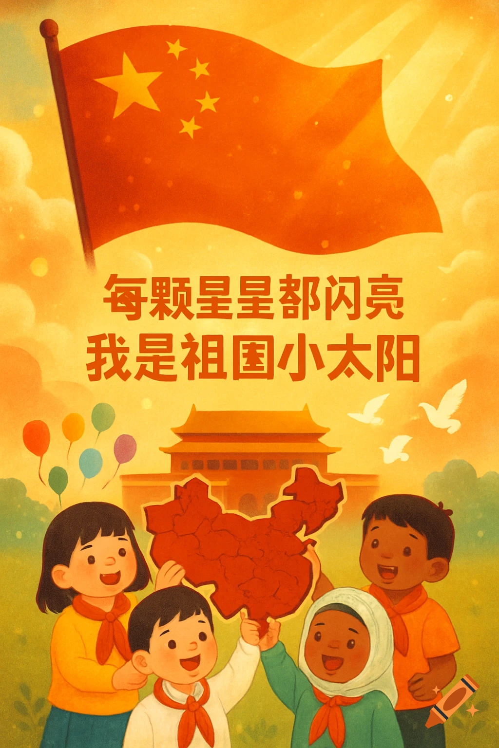 Cheerful illustration of children holding a map of China with the Chinese flag and Tiananmen Square in the background.