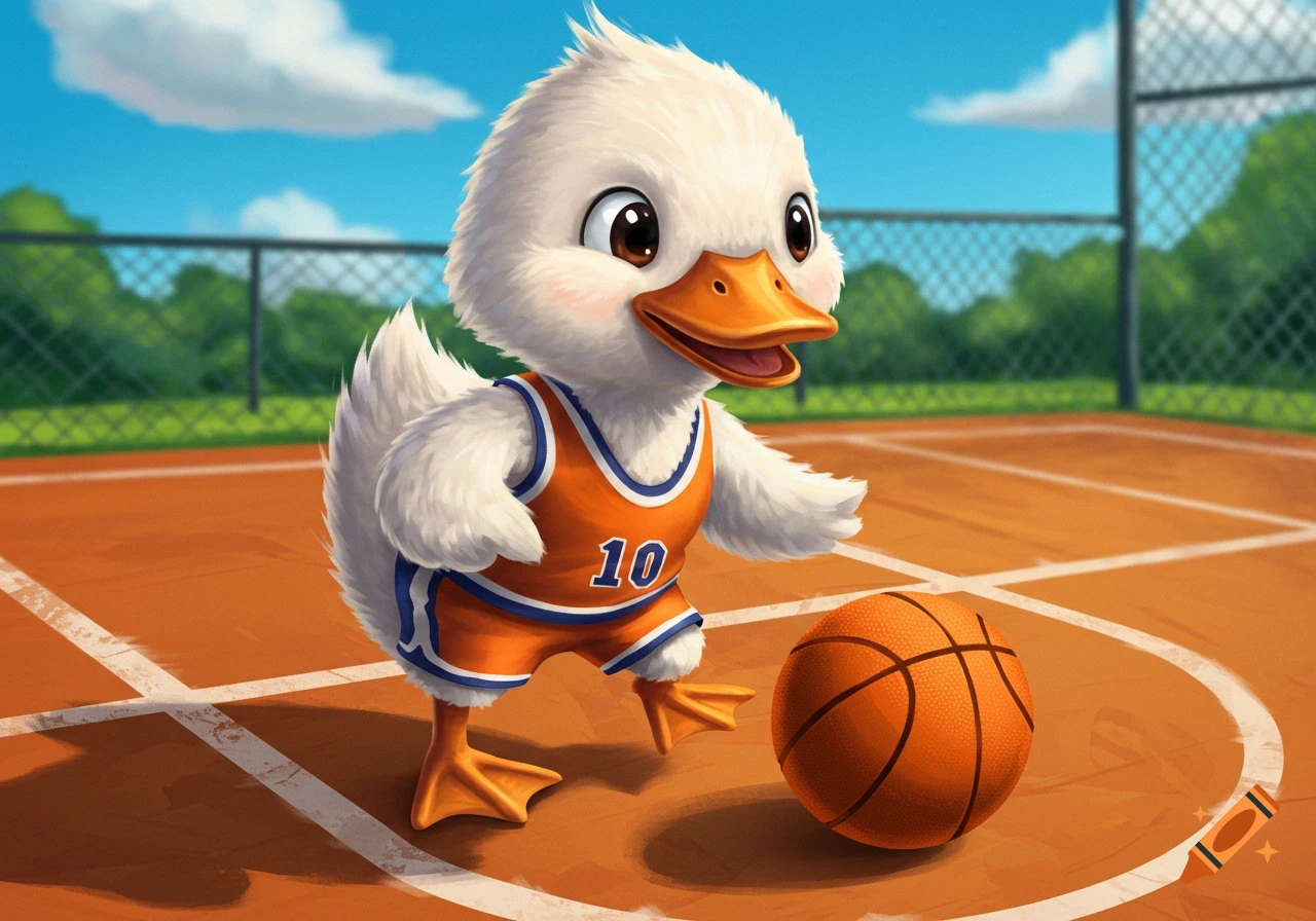 Cute cartoon duck in basketball jersey dribbling a ball on a court.