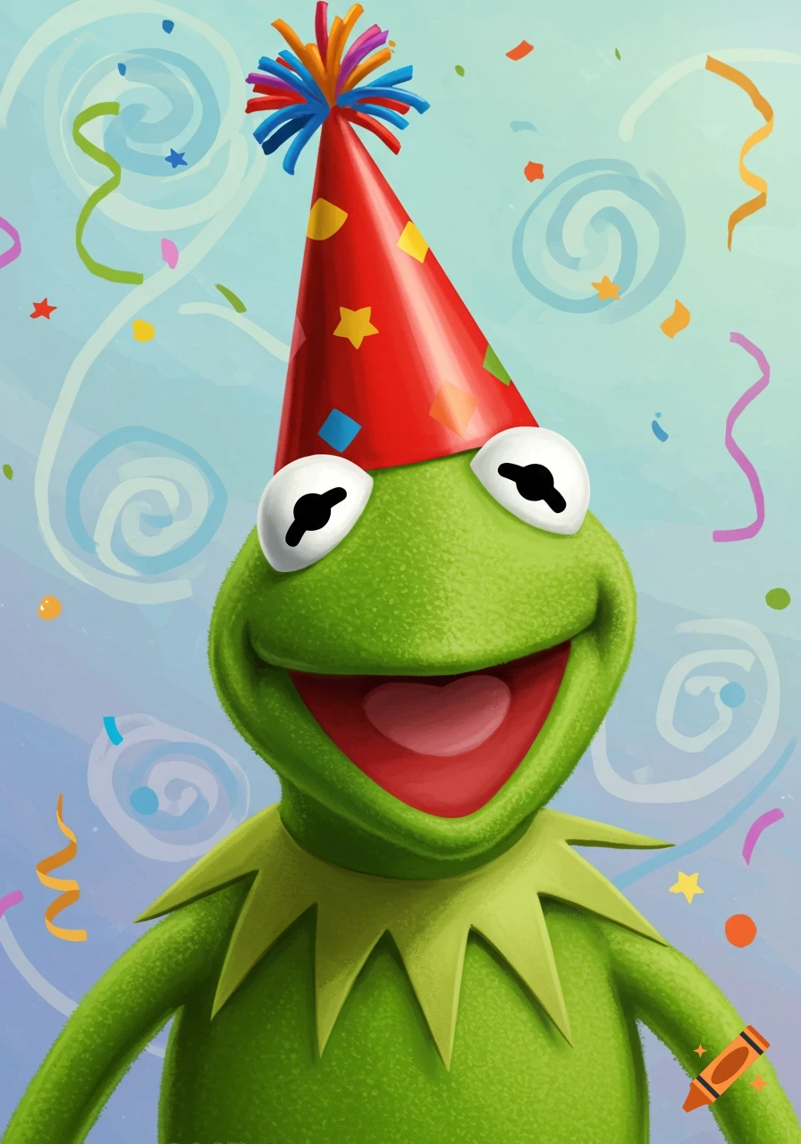 Kermit the Frog wearing a party hat and smiling, surrounded by confetti.
