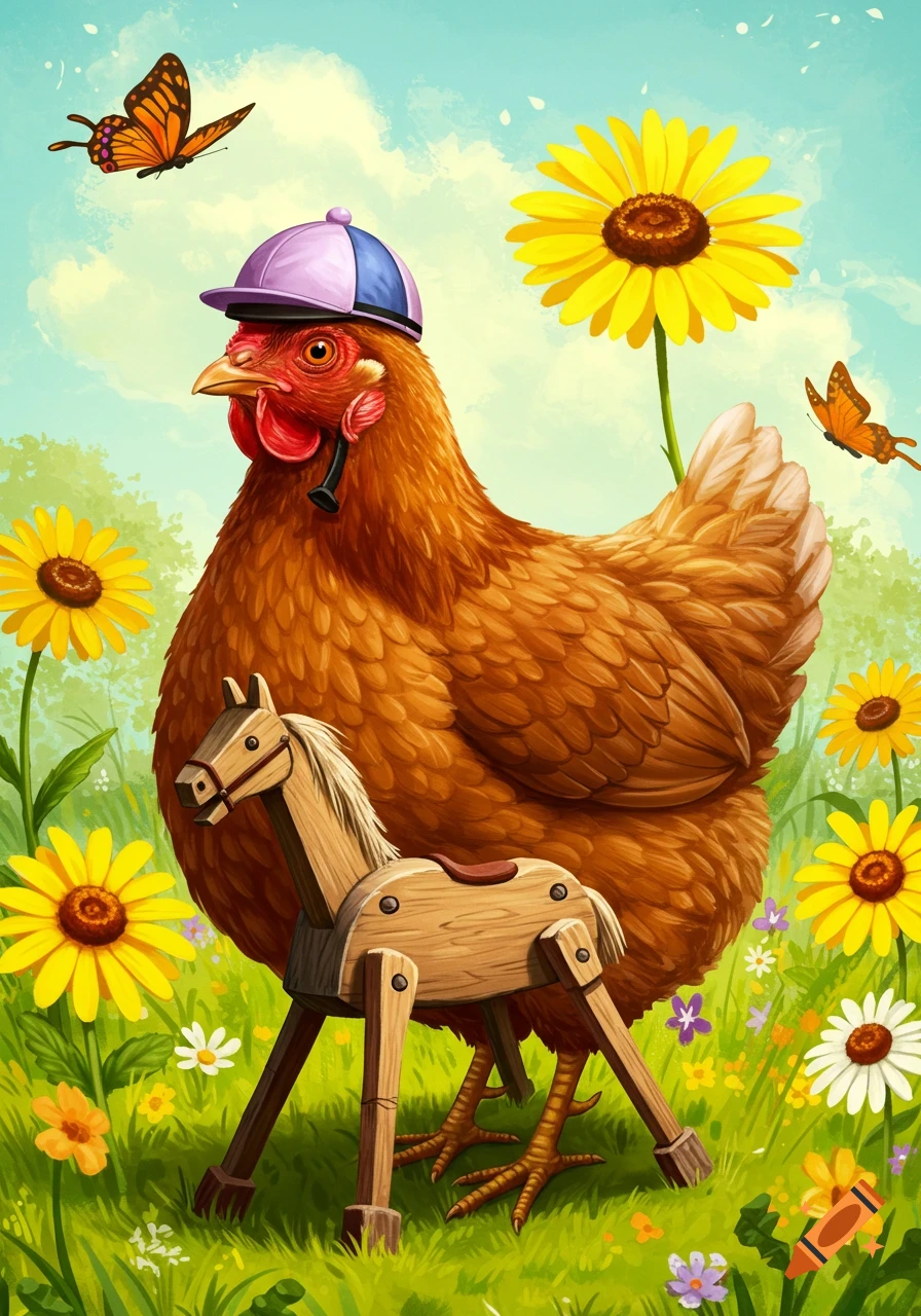A chicken wearing a jockey cap stands next to a wooden toy horse in a field with flowers and butterflies. Illustration style.