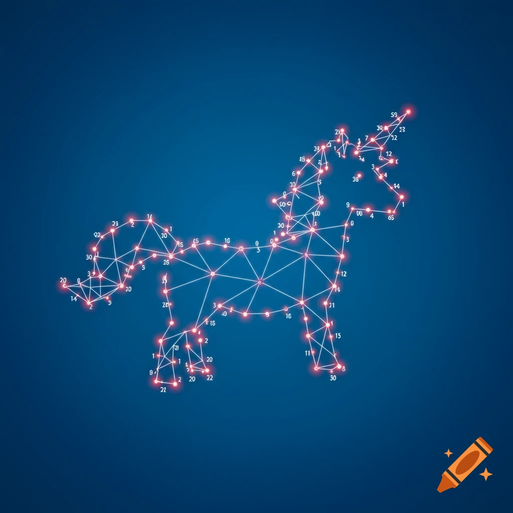 A unicorn shape formed by connecting red dots and lines with numbers, against a blue background.