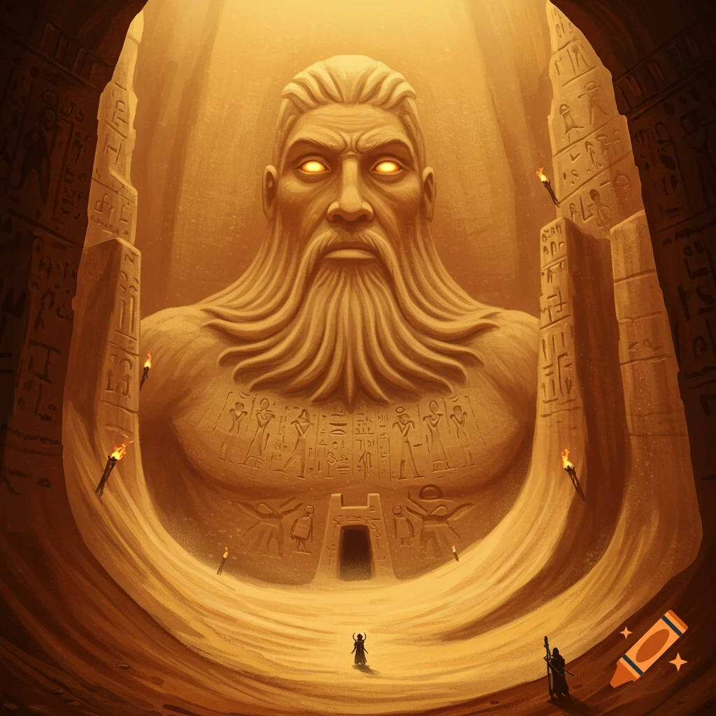 Giant sand god statue in a desert dungeon with glowing eyes and hieroglyphs on the walls.
