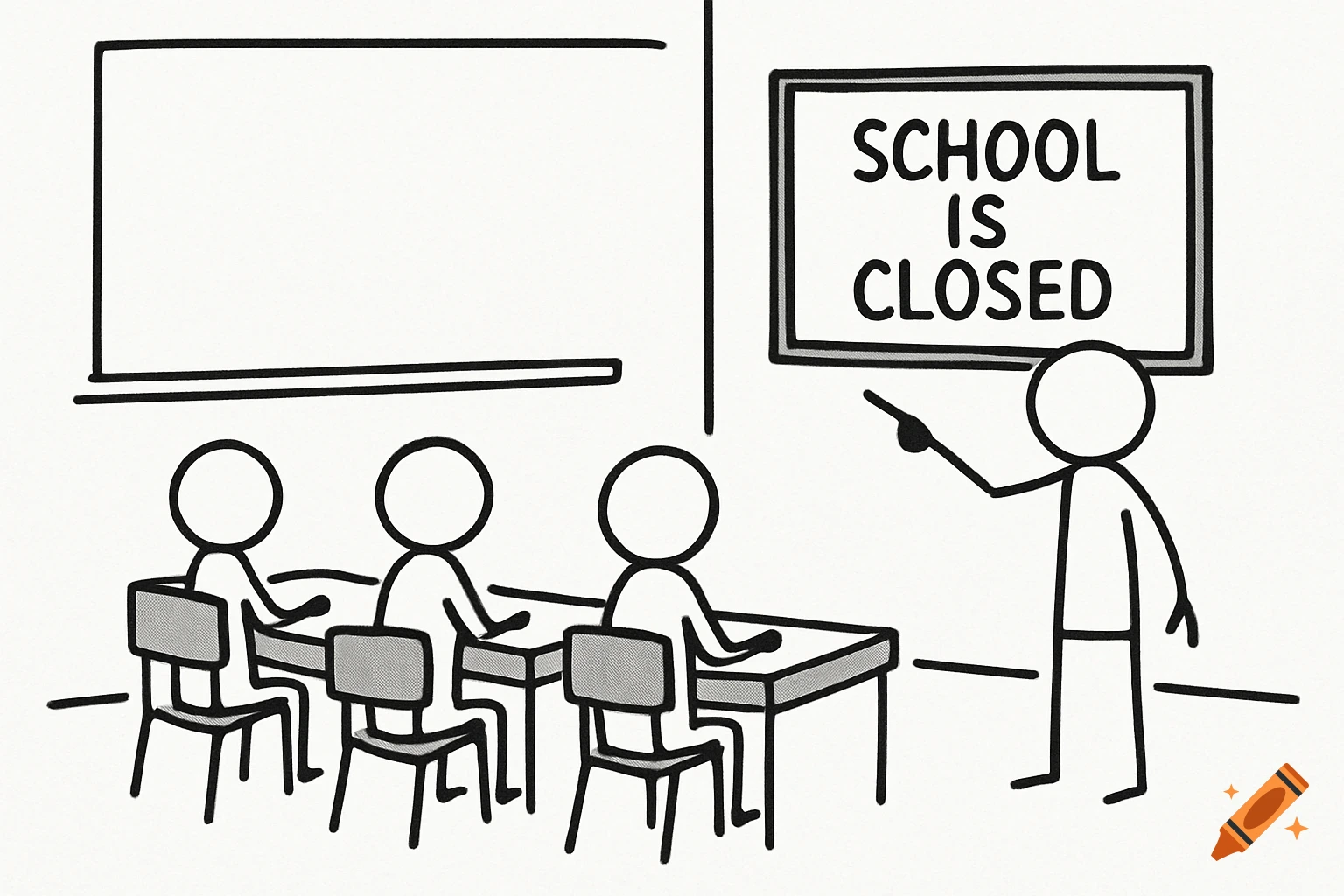 Stick figure teacher points to a sign saying 'SCHOOL IS CLOSED' in a classroom with stick figure students.