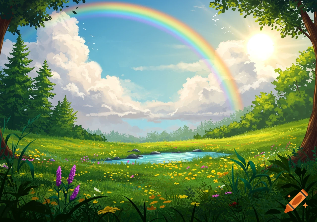 Vibrant valley landscape with a rainbow, pond, trees, and wildflowers in an illustration style.