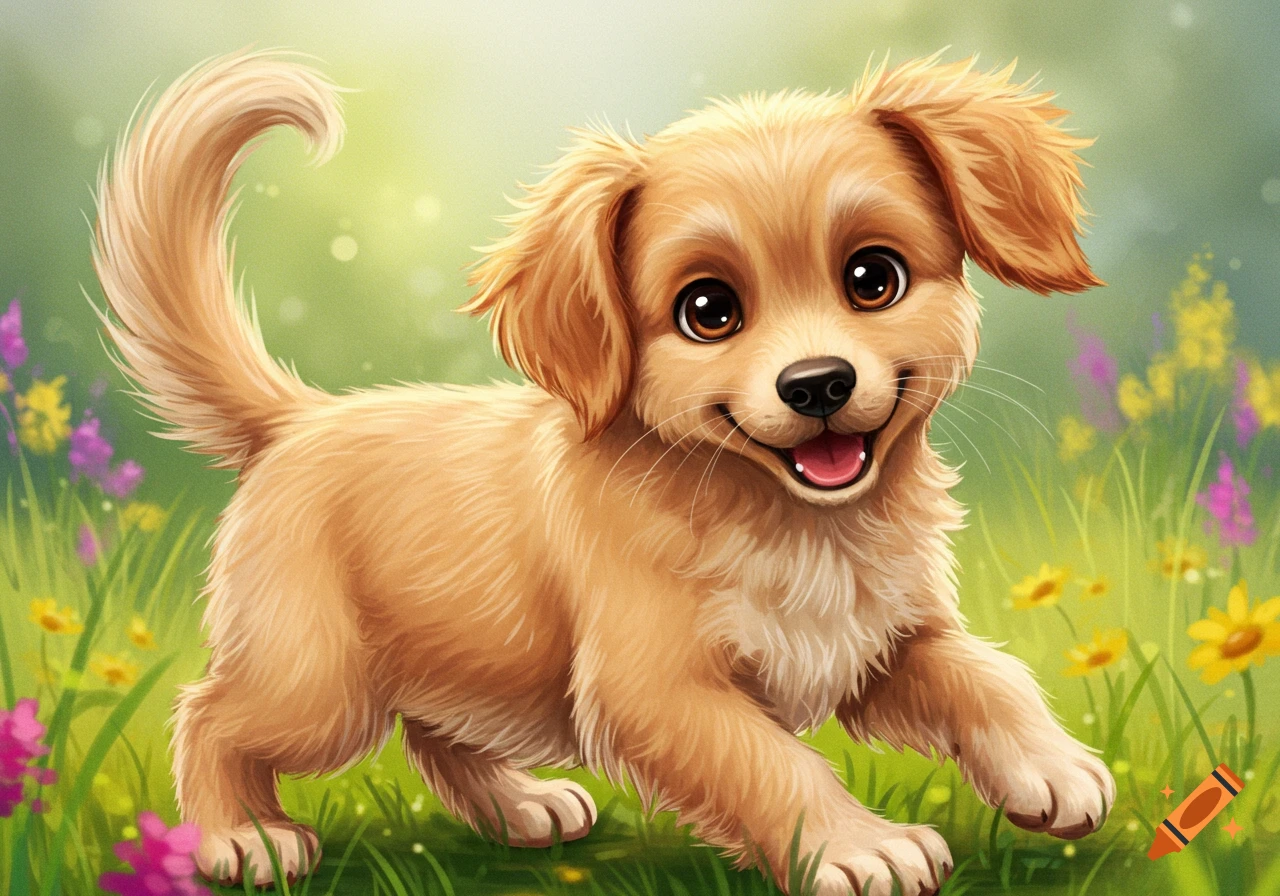 A cute puppy runs through a field of green grass and wildflowers.