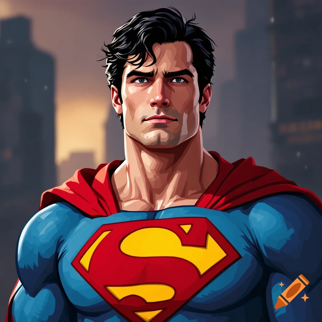 Superman in his blue and red costume with city buildings behind him.