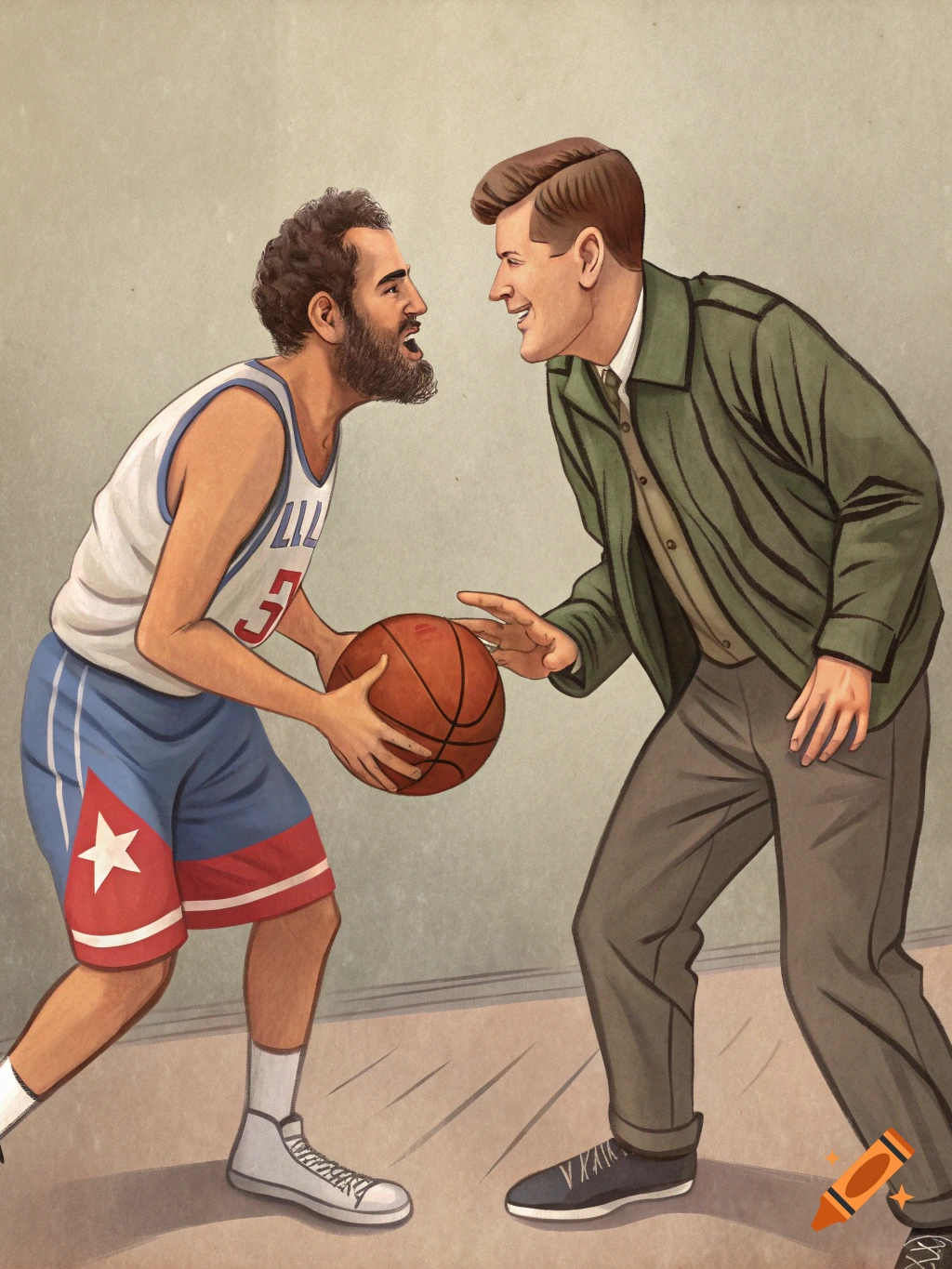 Illustration of Fidel Castro and JFK playing basketball