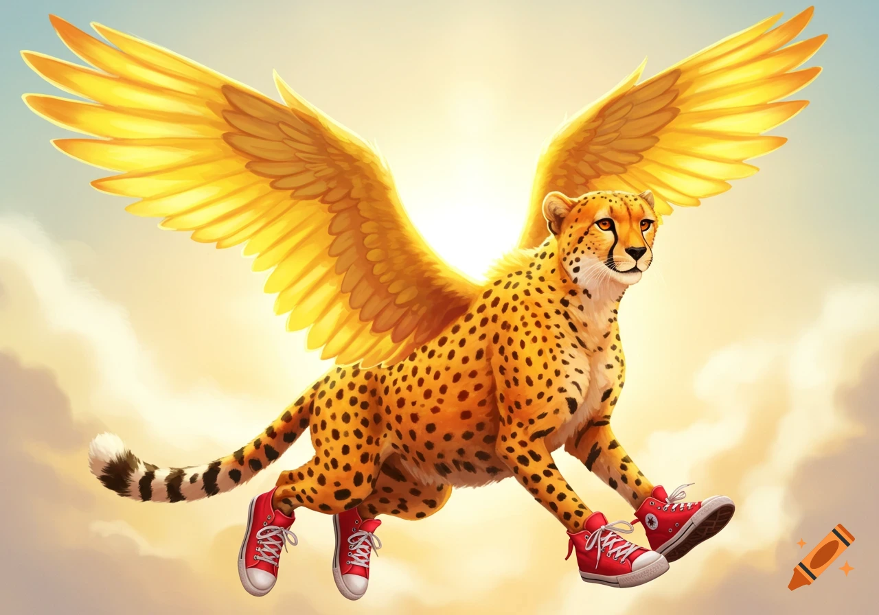 A cheetah with golden wings and red sneakers flies through a sunny sky.