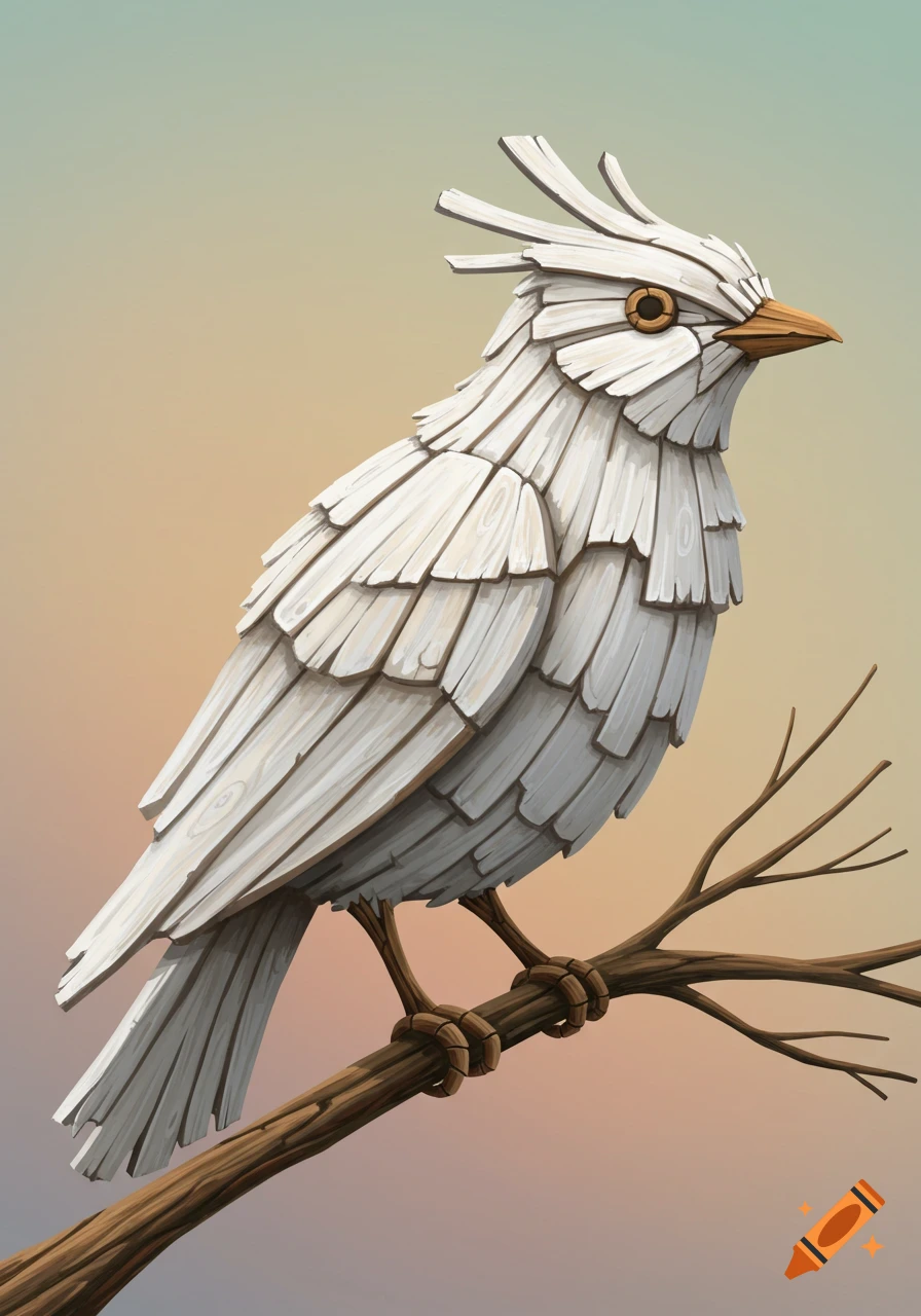 An illustration of a white bird made of wood pieces perched on a branch.
