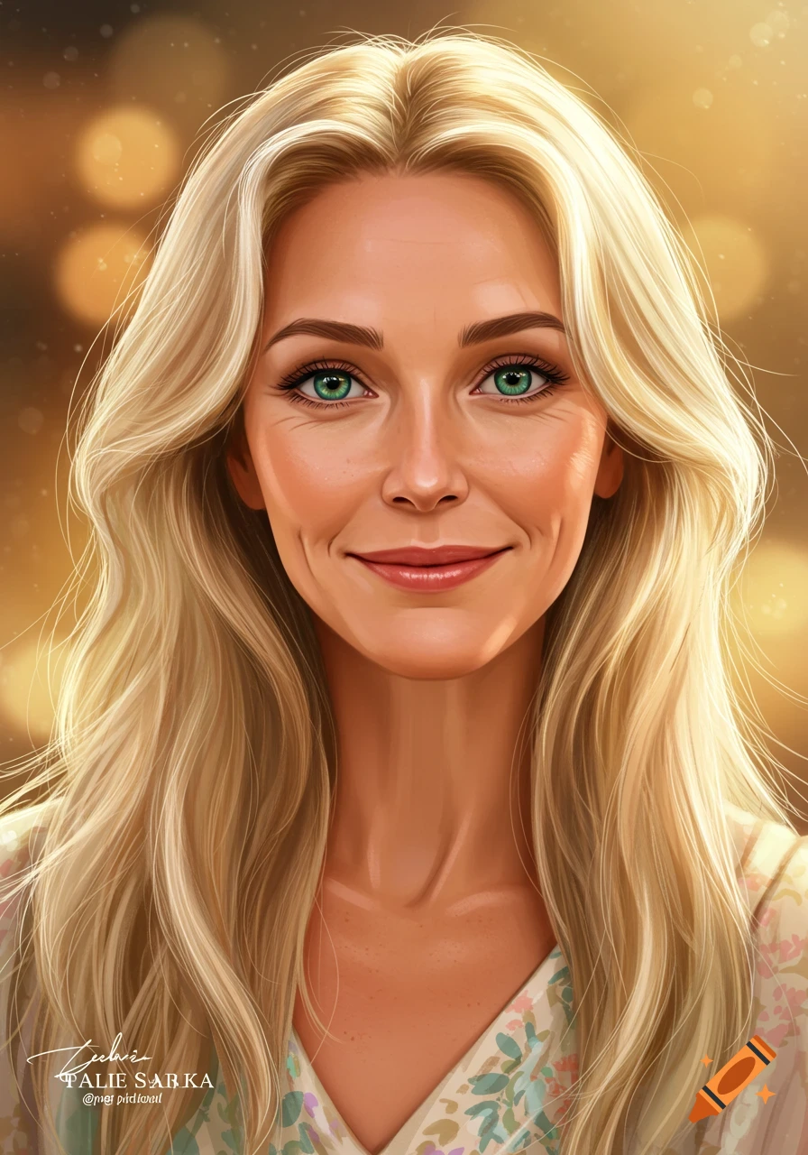 Digital painting of a woman with blonde hair and green eyes smiling