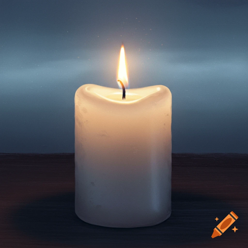 A white candle burns on a dark surface against a blue background.