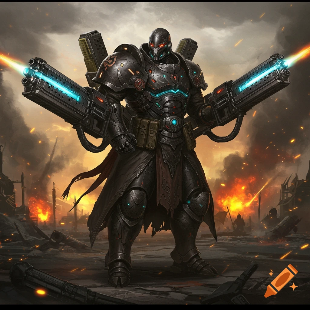 A heavily armored figure with large railguns stands in a ruined warzone.