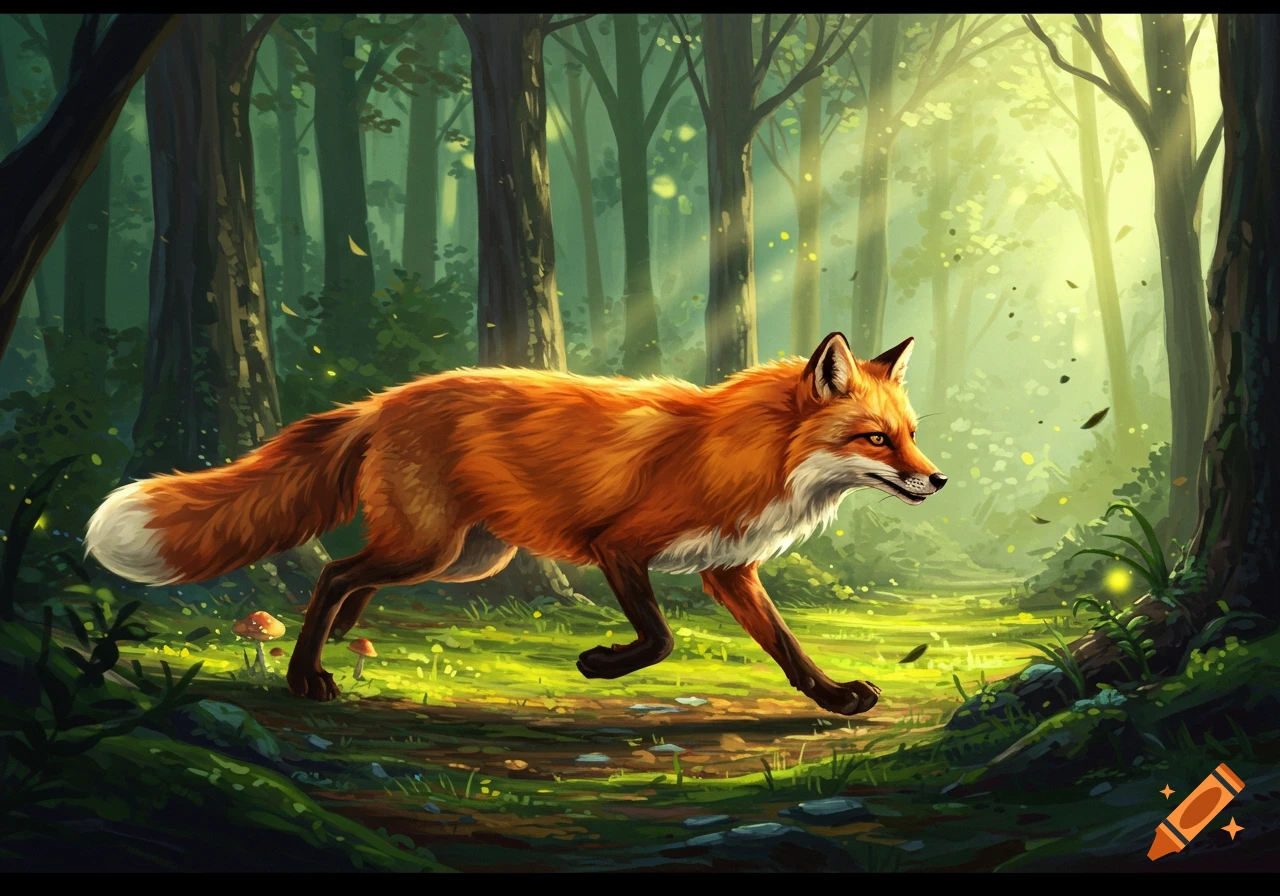 A fox running through a sunlit forest.