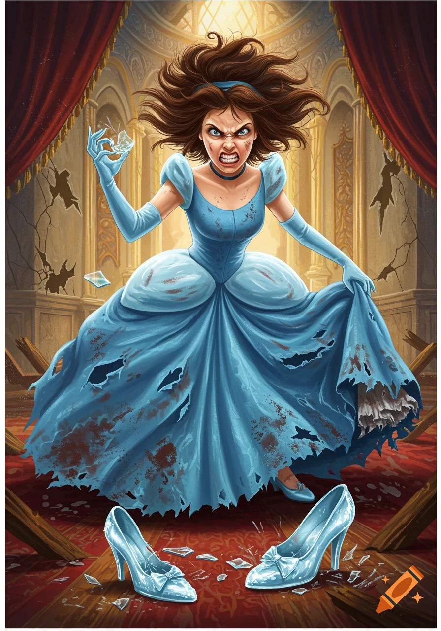 Digital painting of an angry woman in a torn blue dress standing over broken glass slippers in a ruined room.