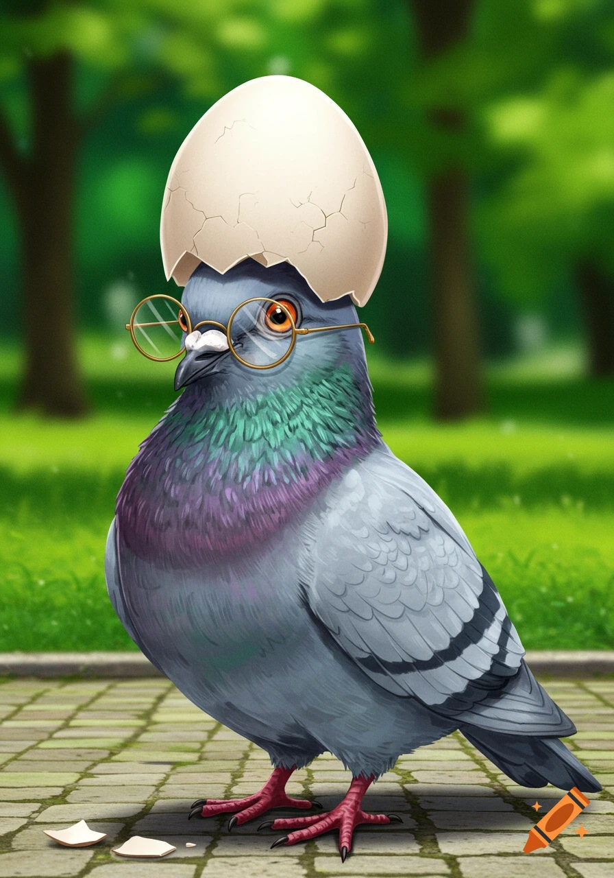 A pigeon wearing a cracked eggshell hat and round glasses.