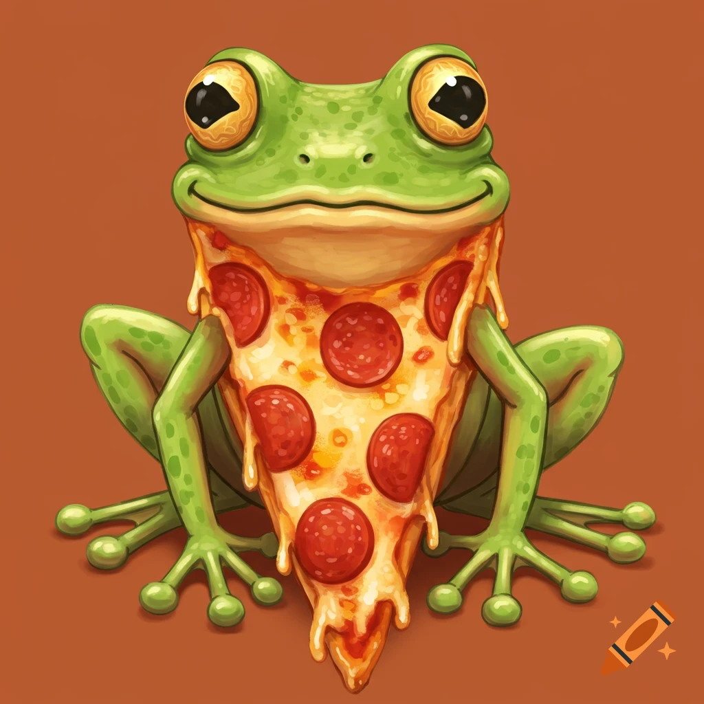 A cartoon frog with a slice of pepperoni pizza covering its front