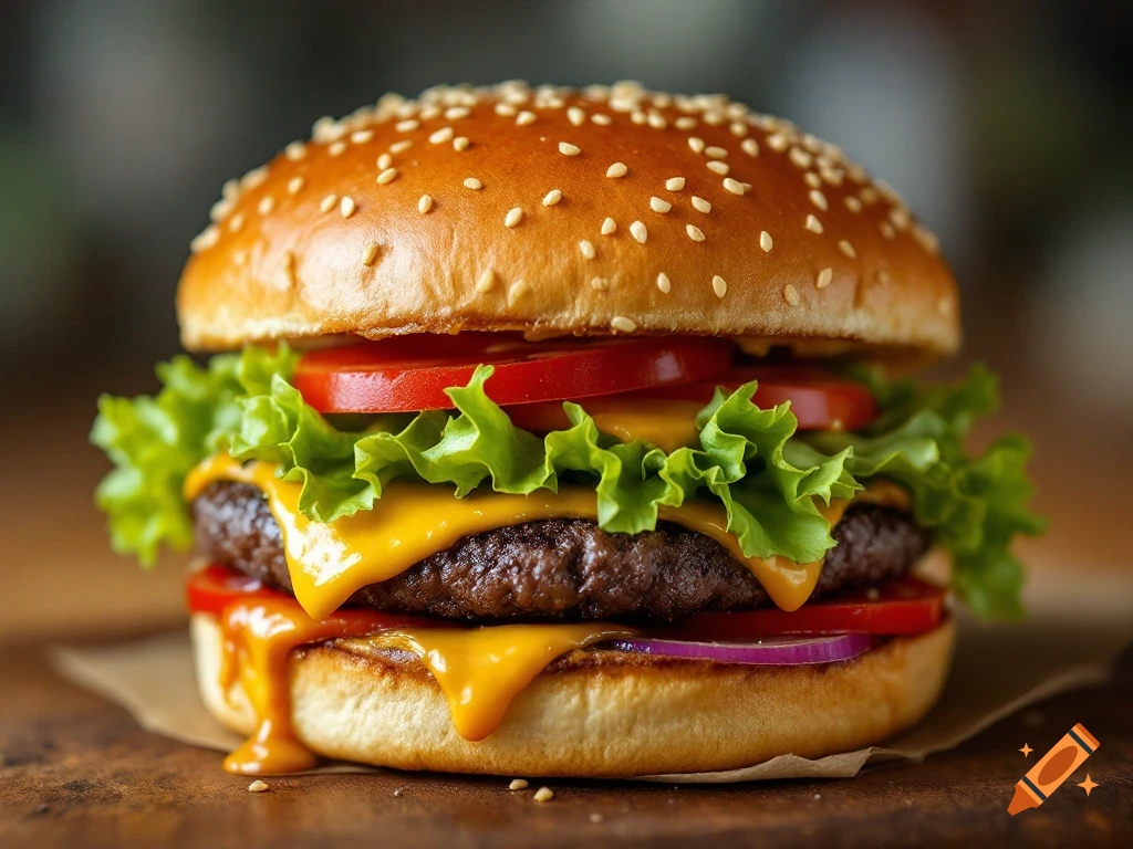 A close-up photorealistic image of a burger with lettuce, tomato, cheese, and onion.